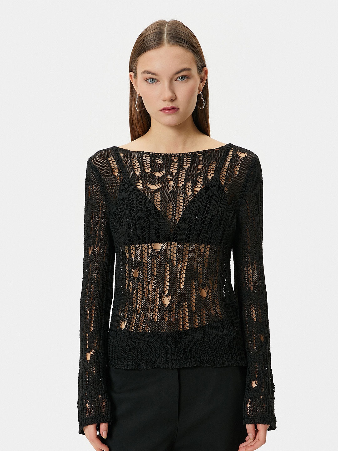 

Koton Self Design Open Knit Pullover, Black