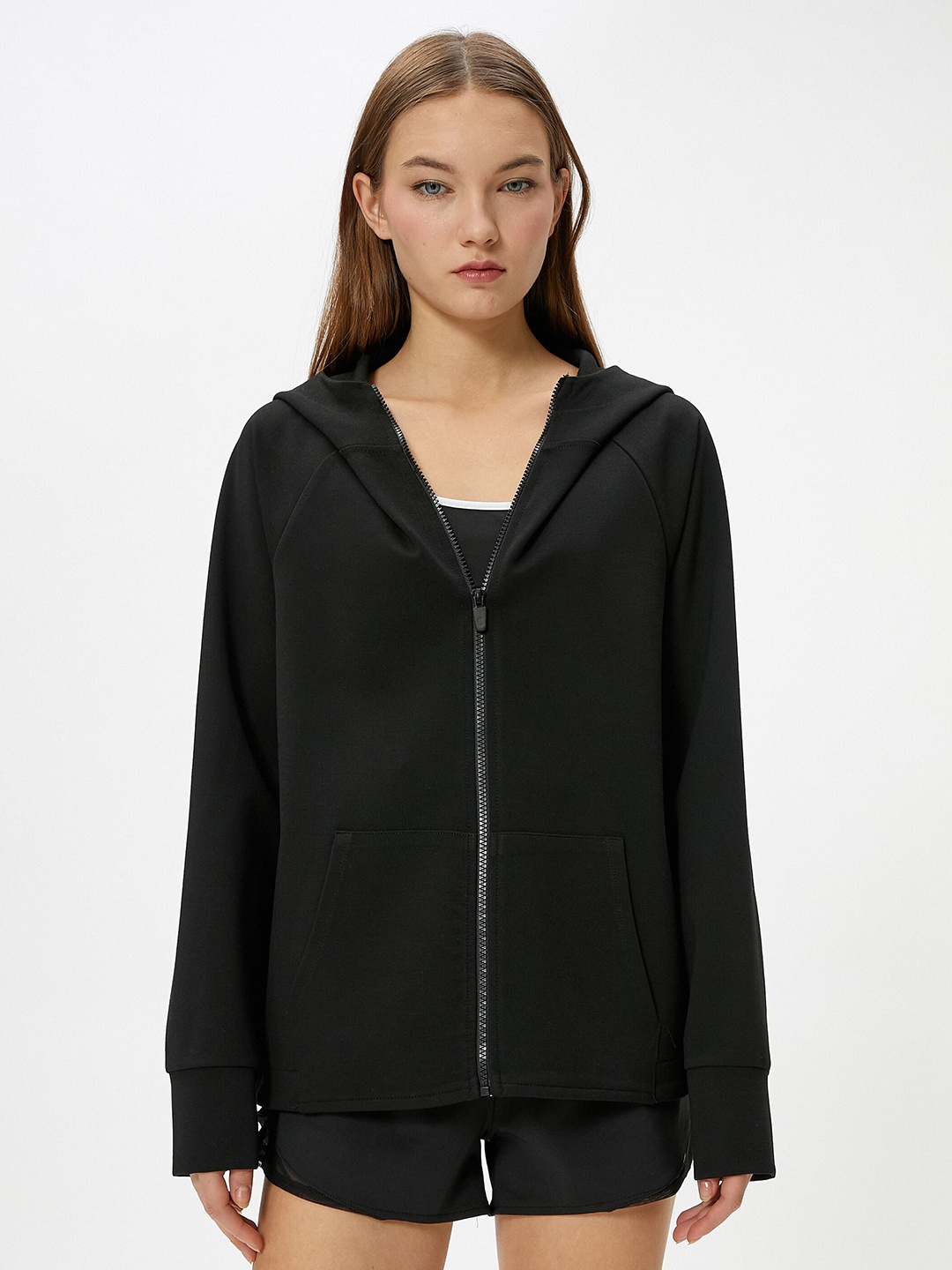 

Koton Hooded Neck Long Sleeves Front Open Sweatshirt, Black