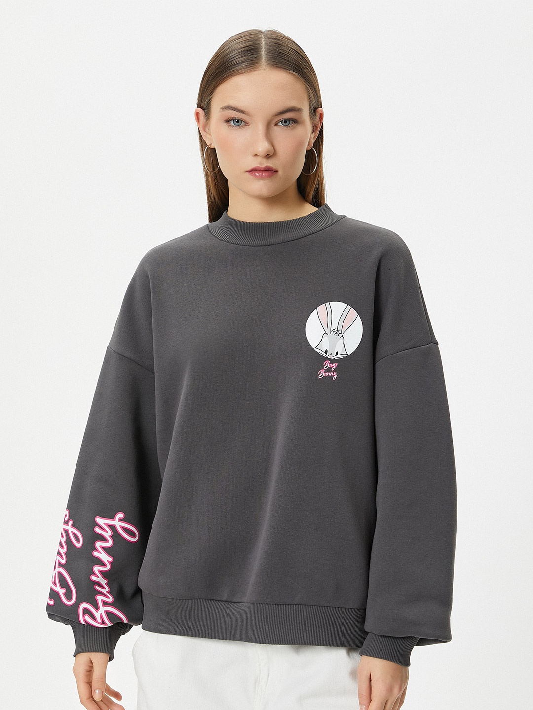 

Koton Graphic Printed Drop Shoulder Sleeves Pullover, Grey