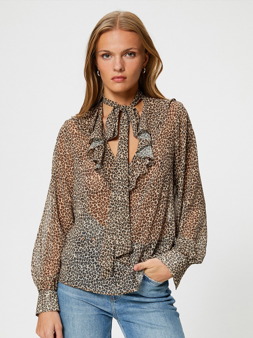 

Koton Animal Print Tie-Up Neck Shirt Style Top, Brown
