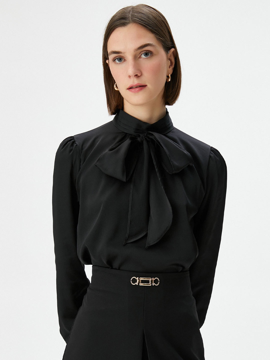 

Koton Tie-Up Neck Cuffed Sleeves Top, Black