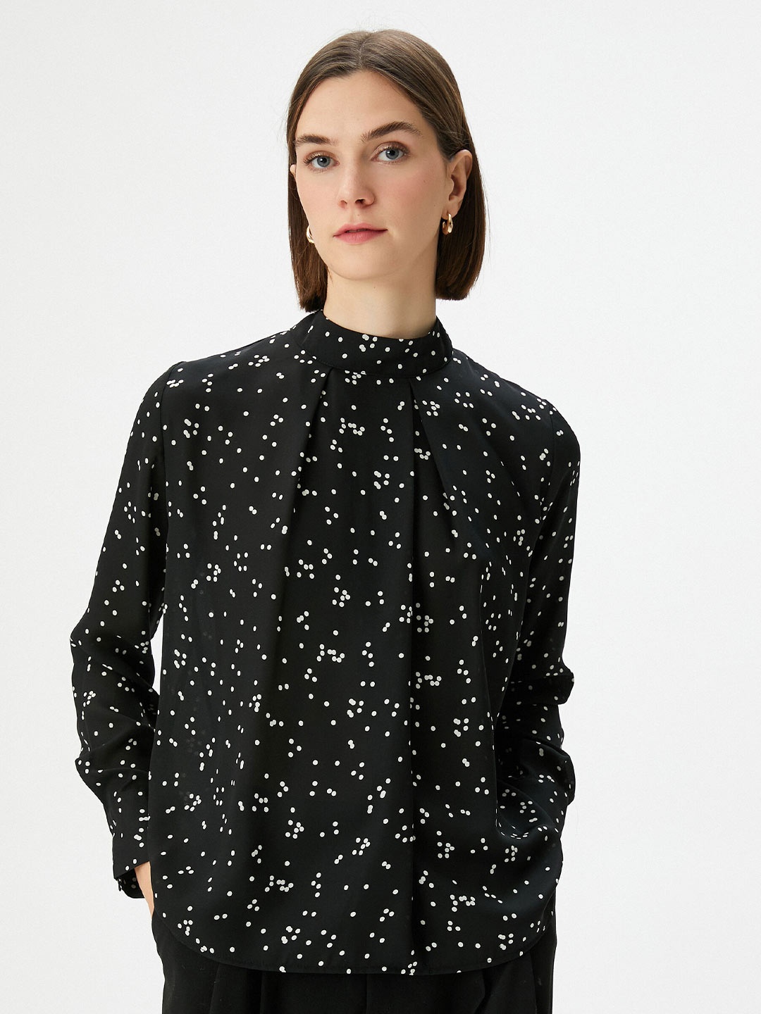 

Koton Polka Dot Printed Stand Collar Puff Sleeve Top, Black