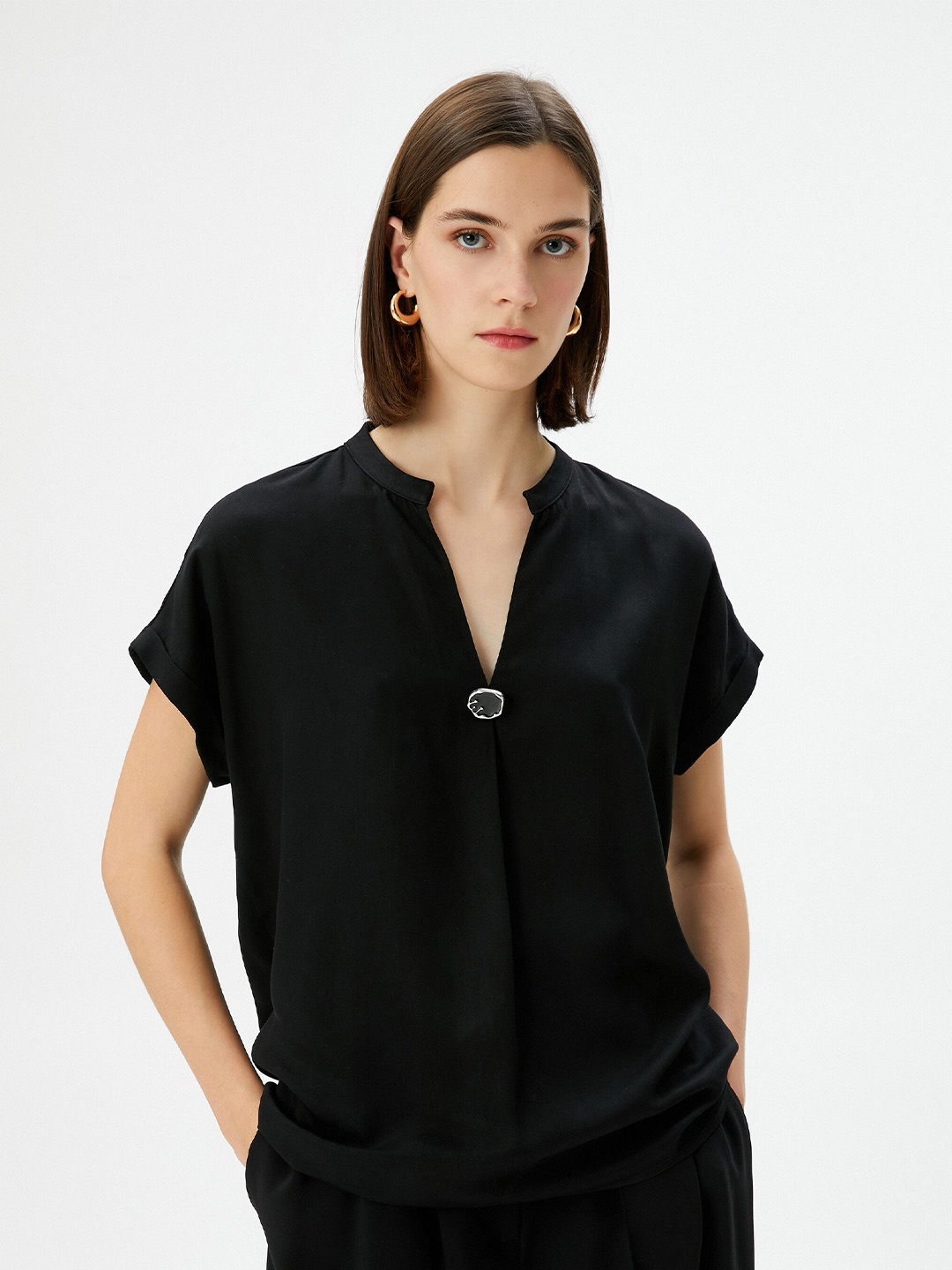 

Koton Mandarin Collar Extended Sleeves Shirt Style Top, Black