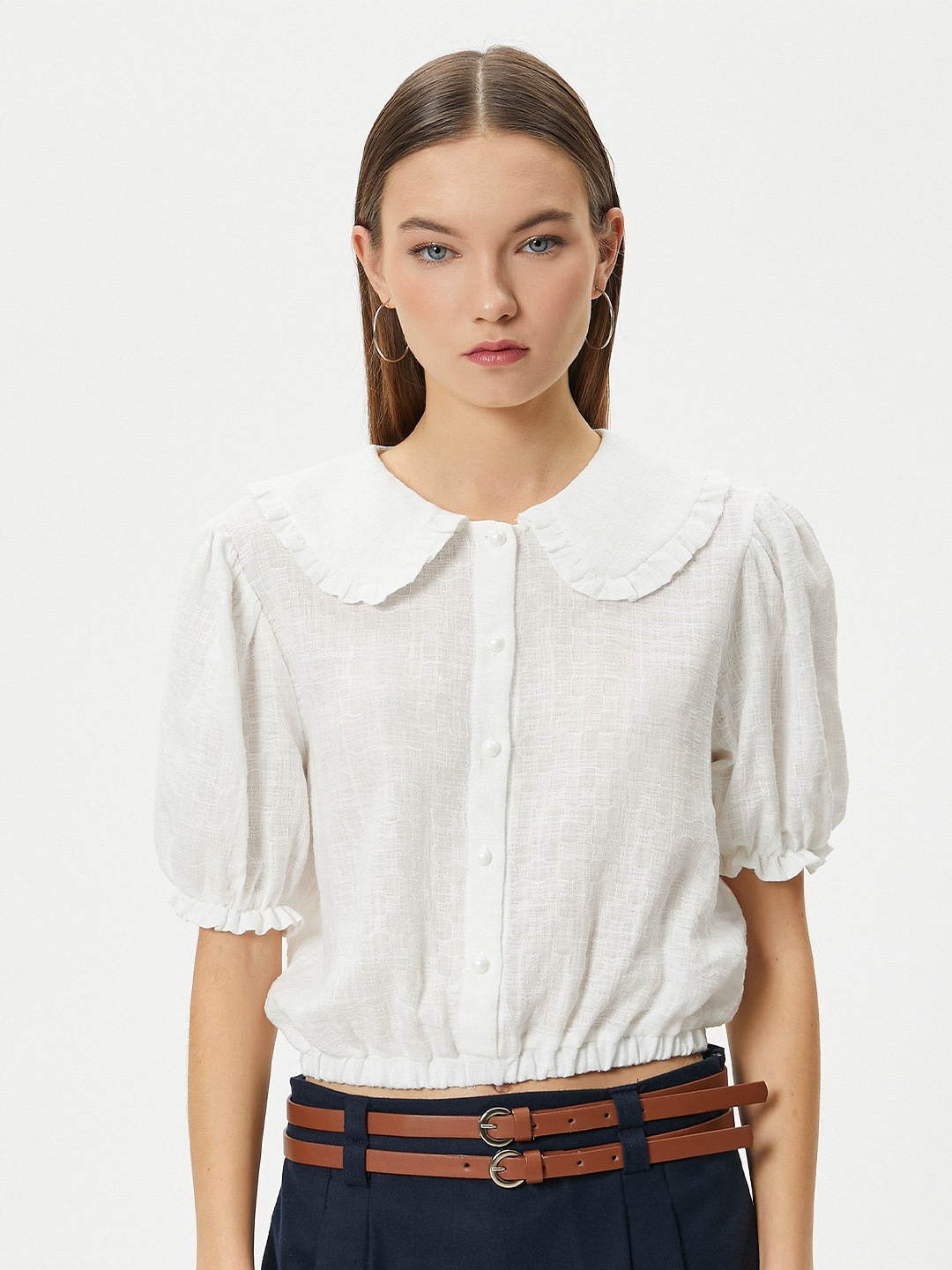 

Koton Self Design Peter Pan Collar Cotton Top, Off white