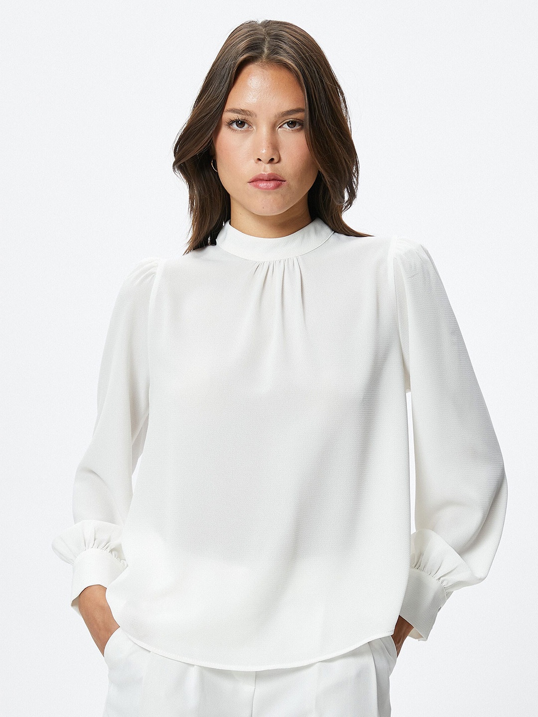 

Koton Cuffed Sleeves High Neck Top, Off white