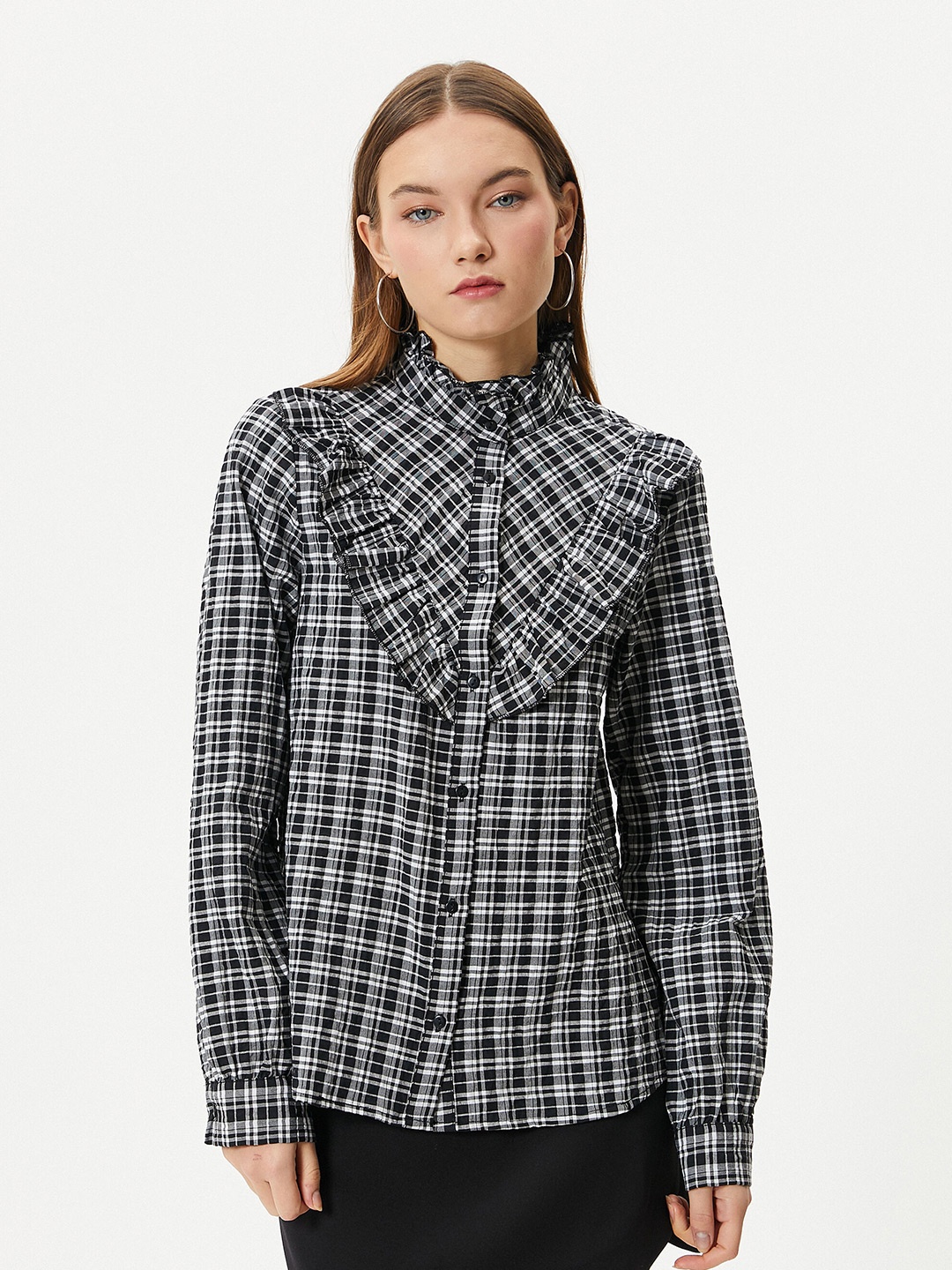 

Koton Checked Ruffles Monochrome Shirt Style Top, Black