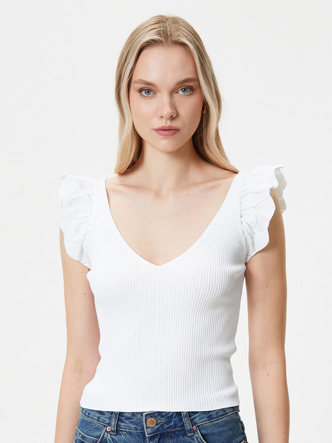 

Koton V-Neck Flutter Sleeve Top, White