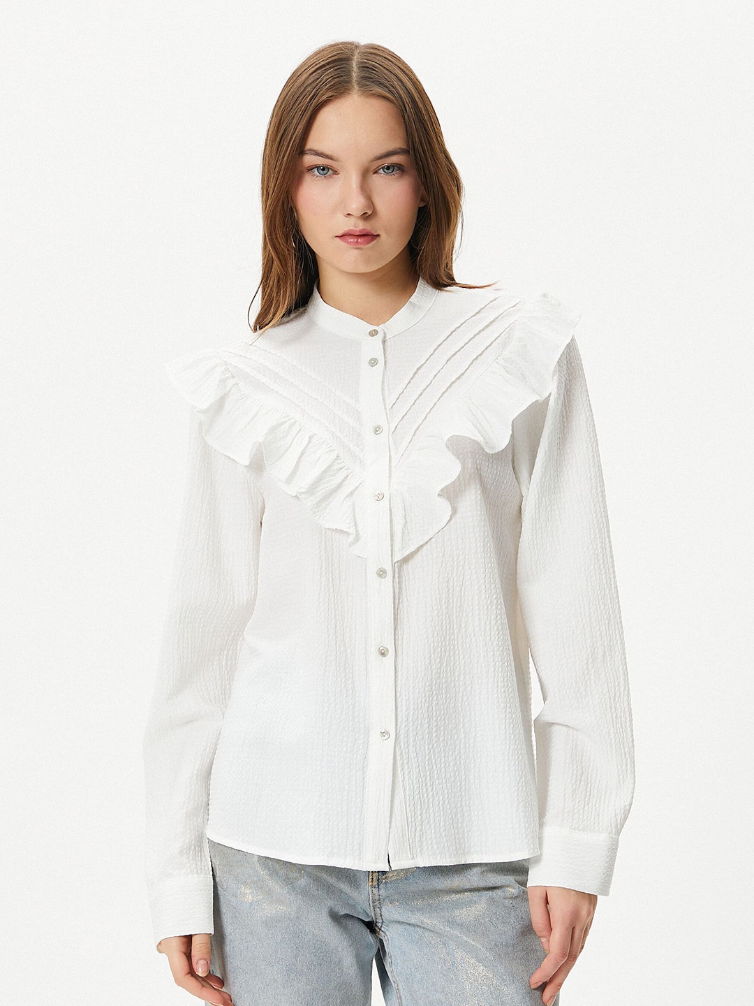 

Koton Mandarin Collar Cuffed Sleeves Shirt Style Top, White