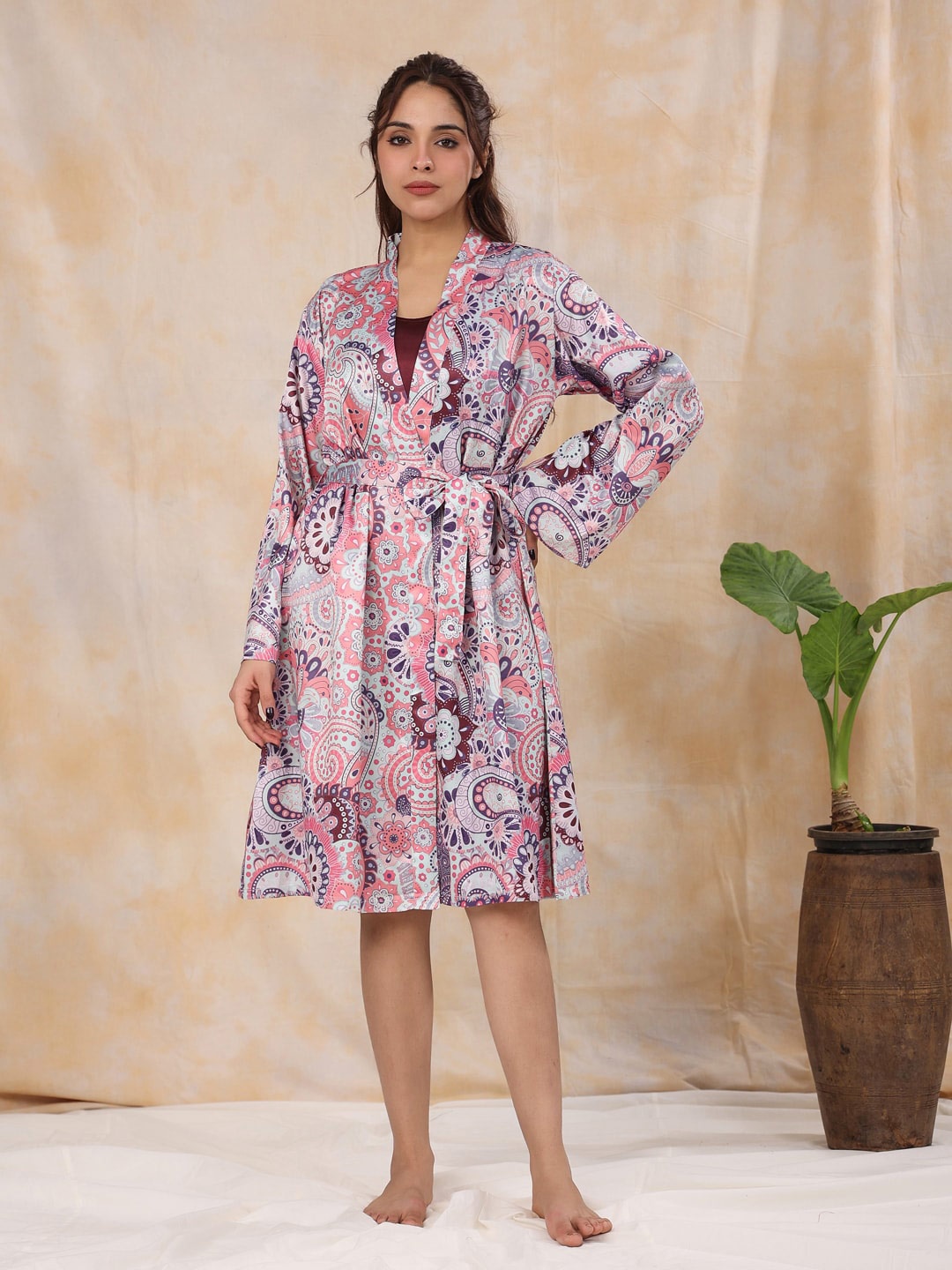 

SANSKRUTIHOMES Ethnic Motifs Printed Satin Wrap Nightdress, Burgundy