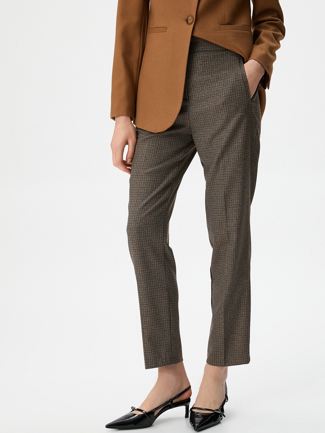 

Koton Women Checked Mid-Rise Cigarette Trousers, Brown