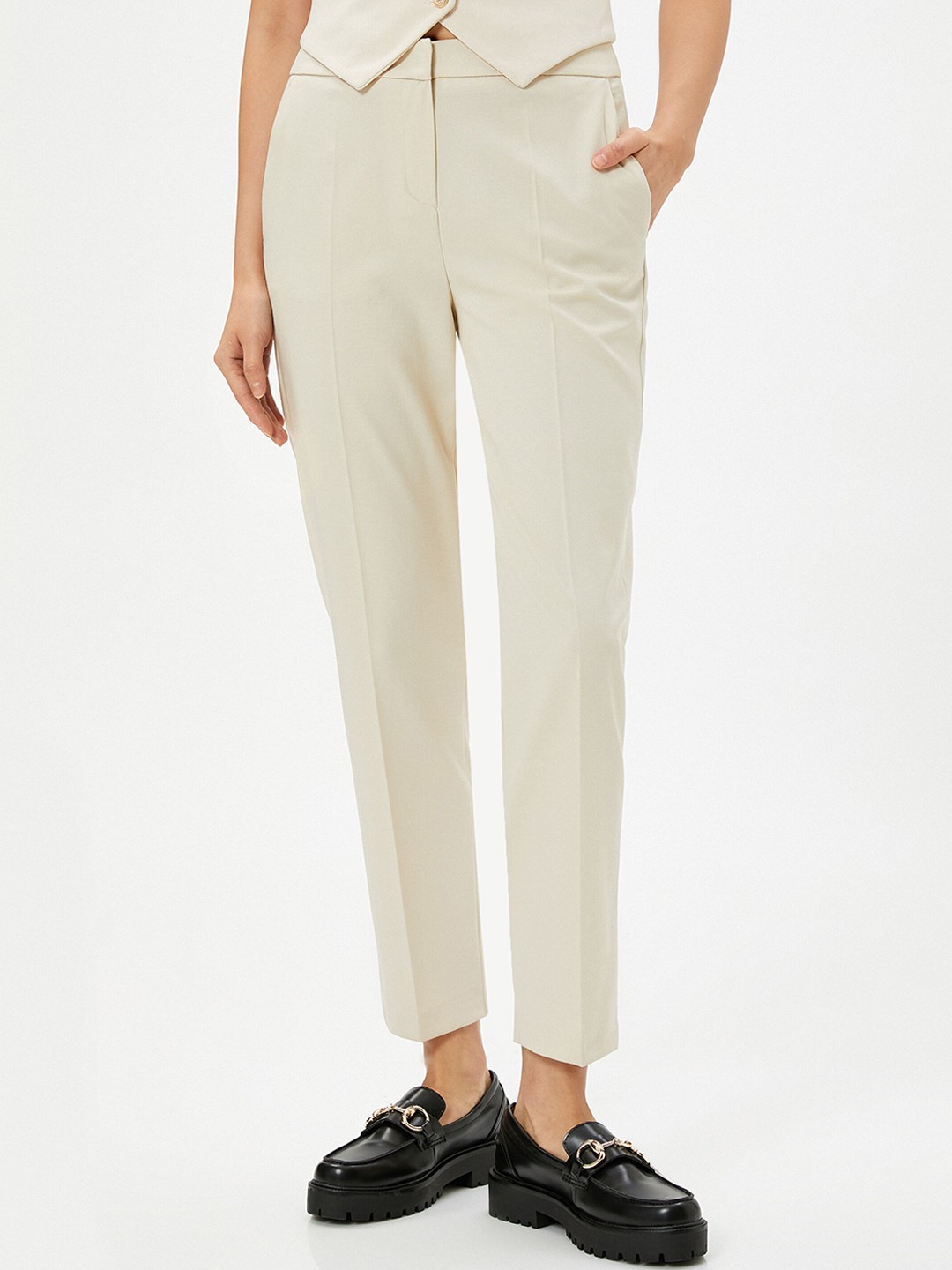 

Koton Women Mid Rise Cigarette Trousers, Beige