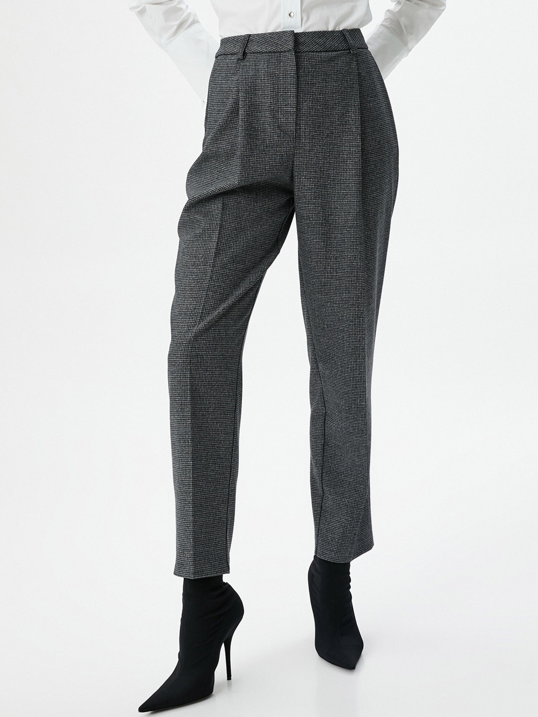 

Koton Women Checked Mid-Rise Cigarette Trousers, Grey