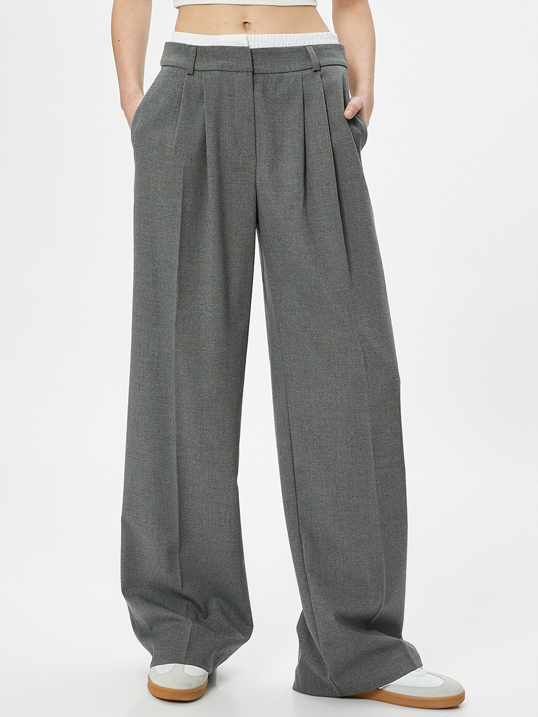 

Koton Women Mid-Rise Pleated Parallel Trousers, Grey
