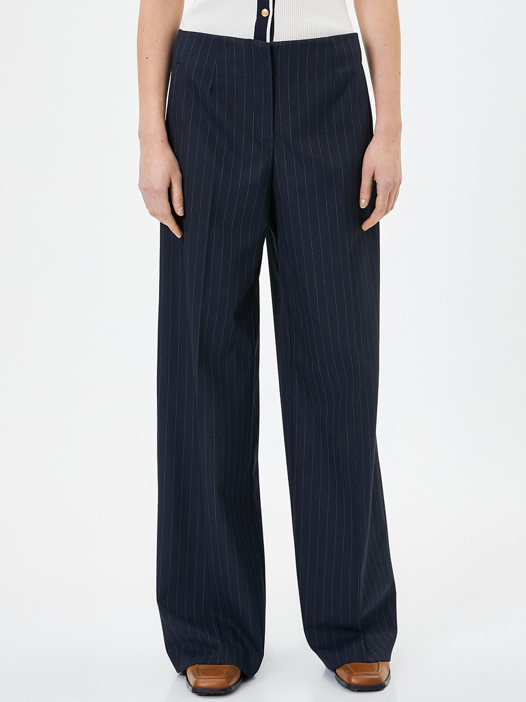 

Koton Women Striped Mid Rise Trousers, Navy blue