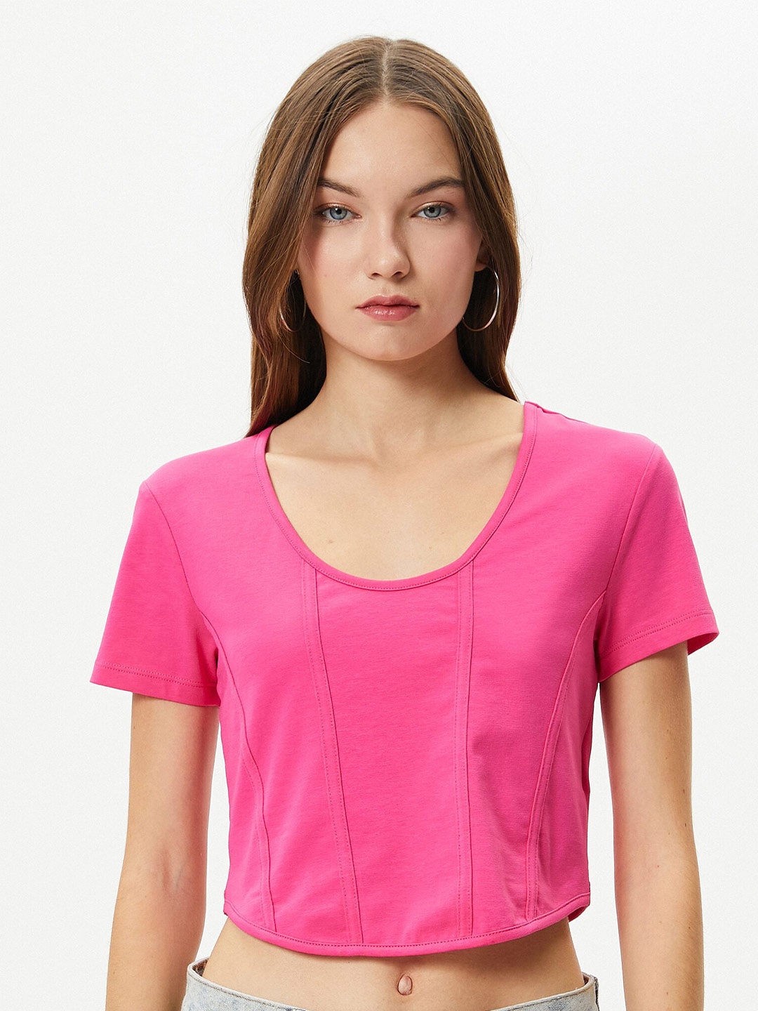 

Koton Round Neck Short Sleeves Crop T-shirt, Fuchsia