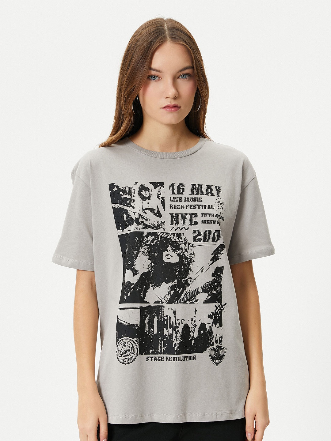 

Koton Graphic Printed Pure Cotton T-shirt, Grey