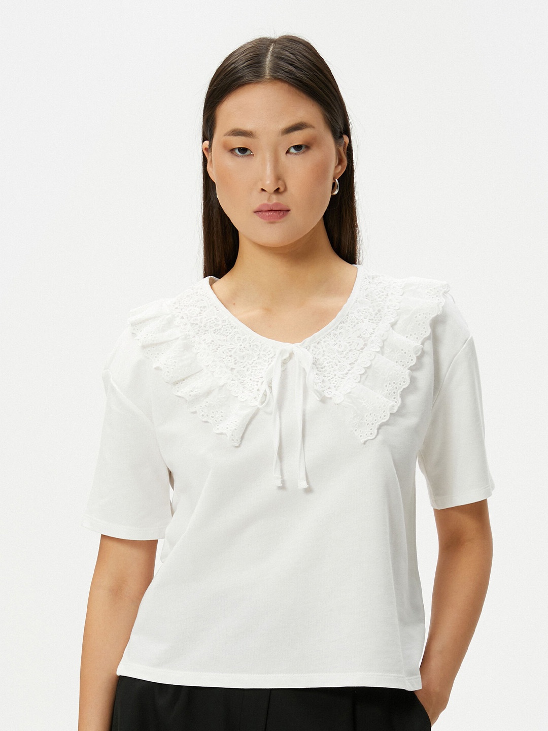 Koton Tie Up Neck Pure Cotton Regular Top, White