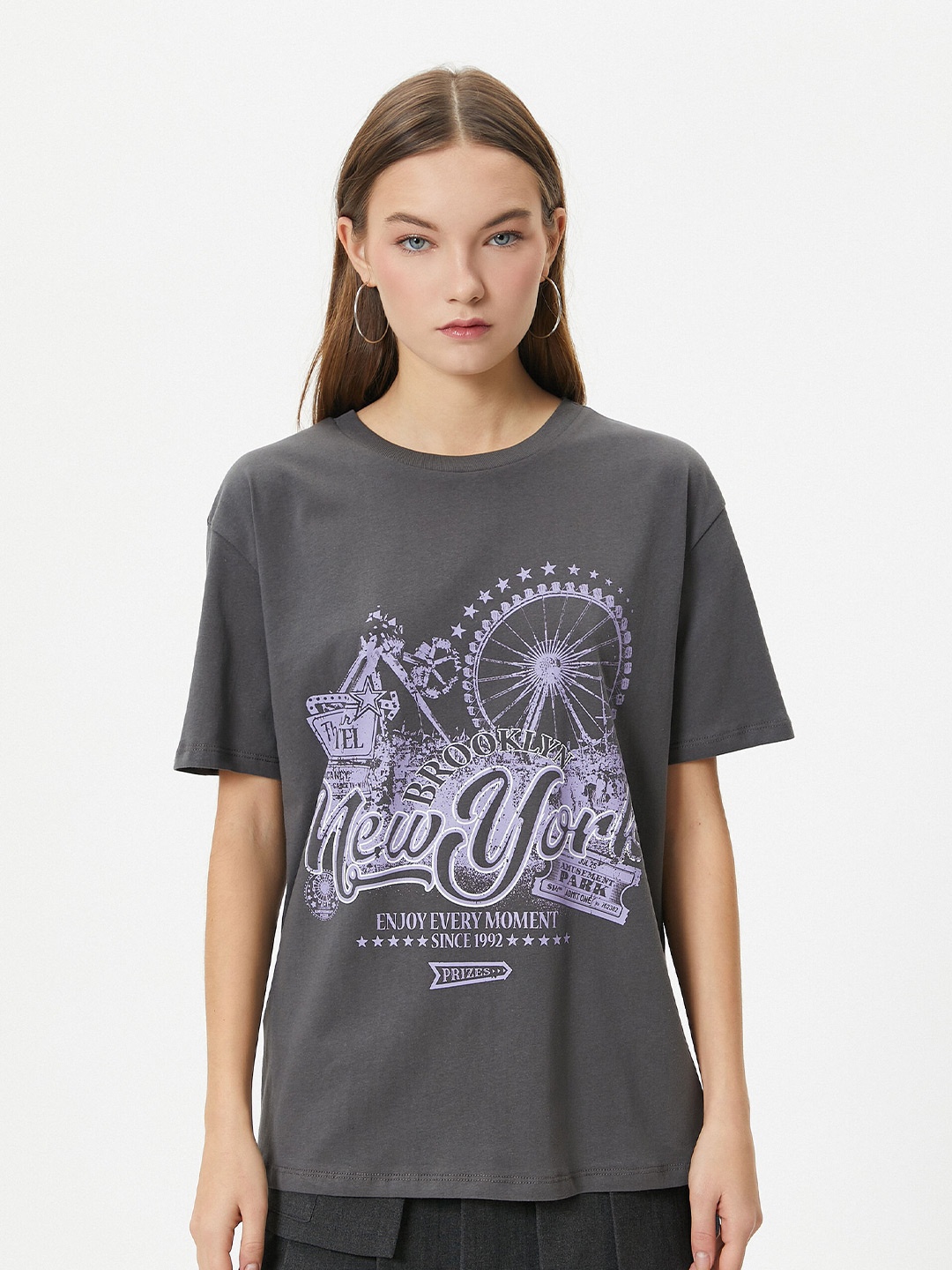 

Koton Graphic Printed Drop Shoulder Sleeves Pure Cotton T-Shirt, Grey