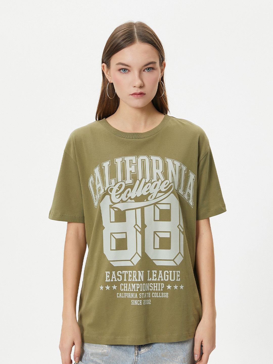 

Koton Typography Printed Drop Shoulder Sleeves Pure Cotton T-Shirt, Olive