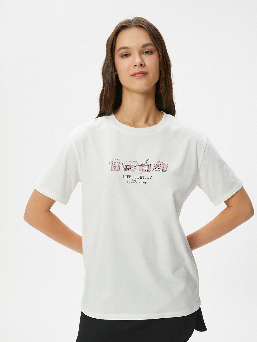 

Koton Typography Printed Drop Shoulder Sleeves Pure Cotton T-Shirt, White