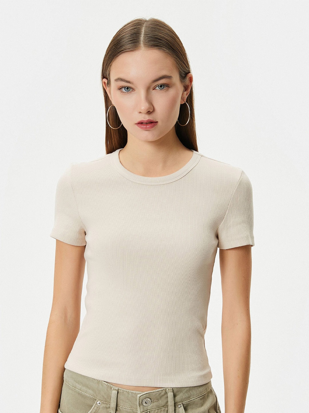 

Koton Round Neck Crop T-Shirt, Beige