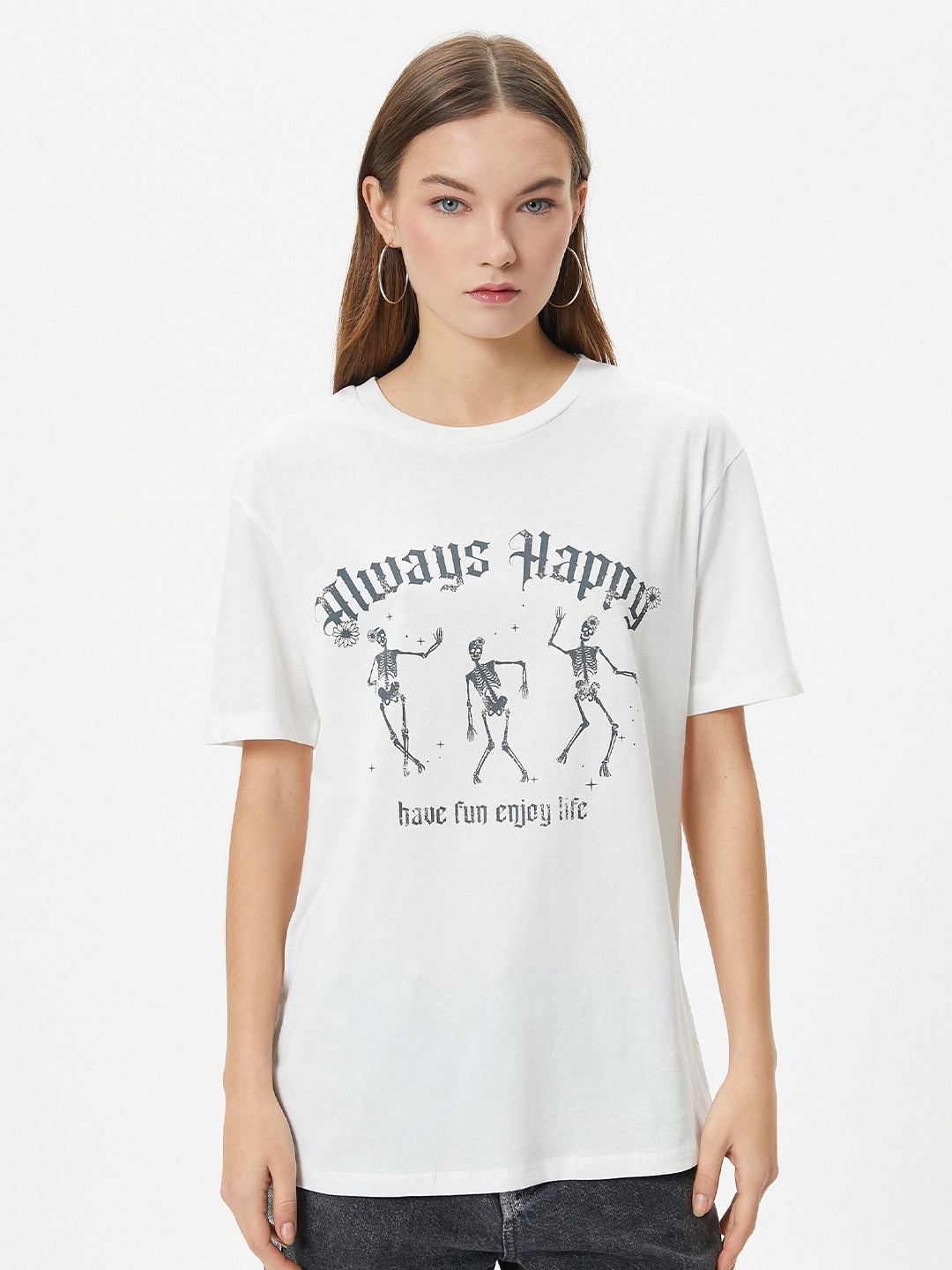 

Koton Typography Printed Drop Shoulder Sleeves Pure Cotton T-Shirt, White