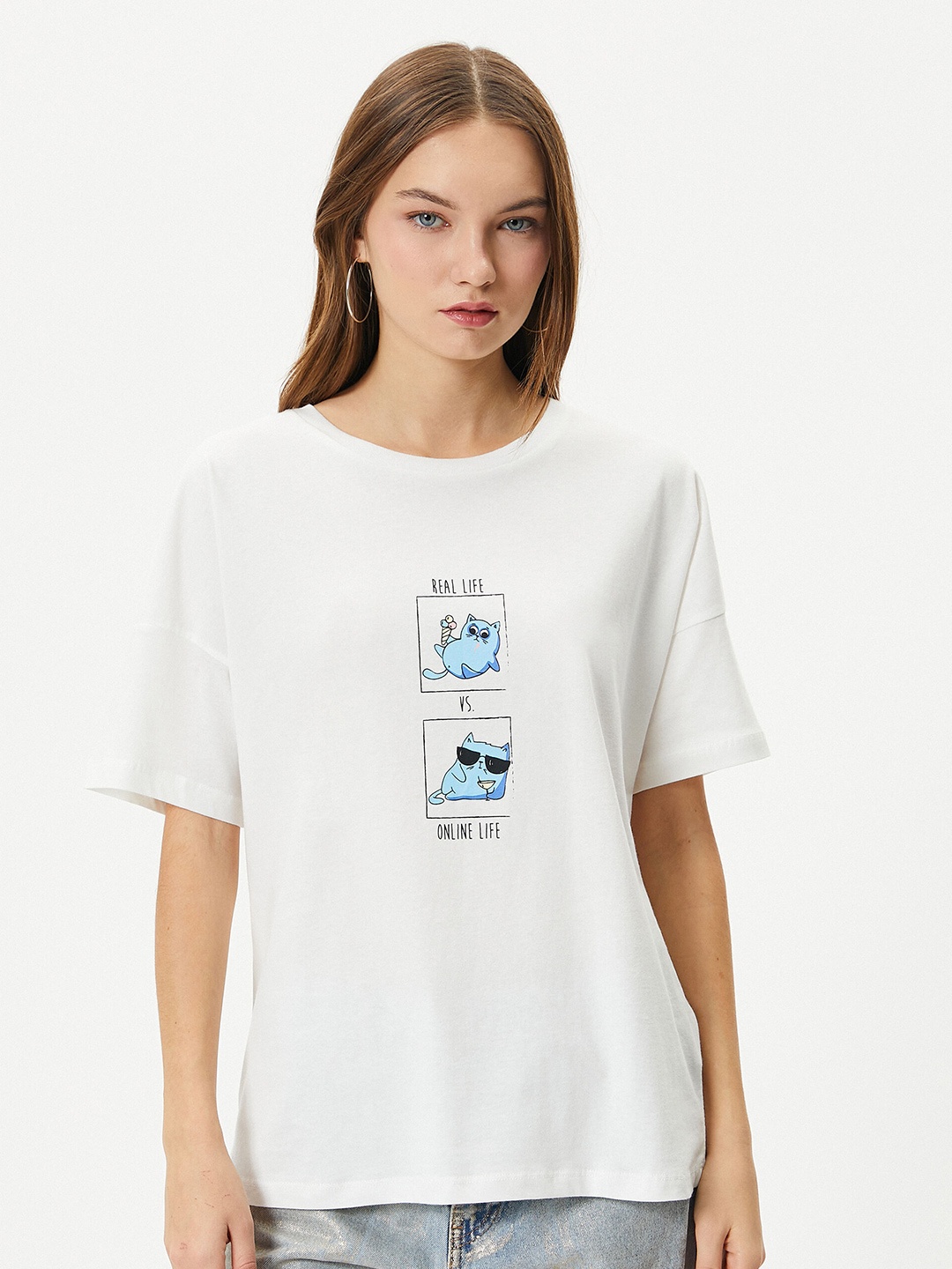 Koton Graphic Printed Round Neck Drop-Shoulder Sleeves Cotton T-shirt, White
