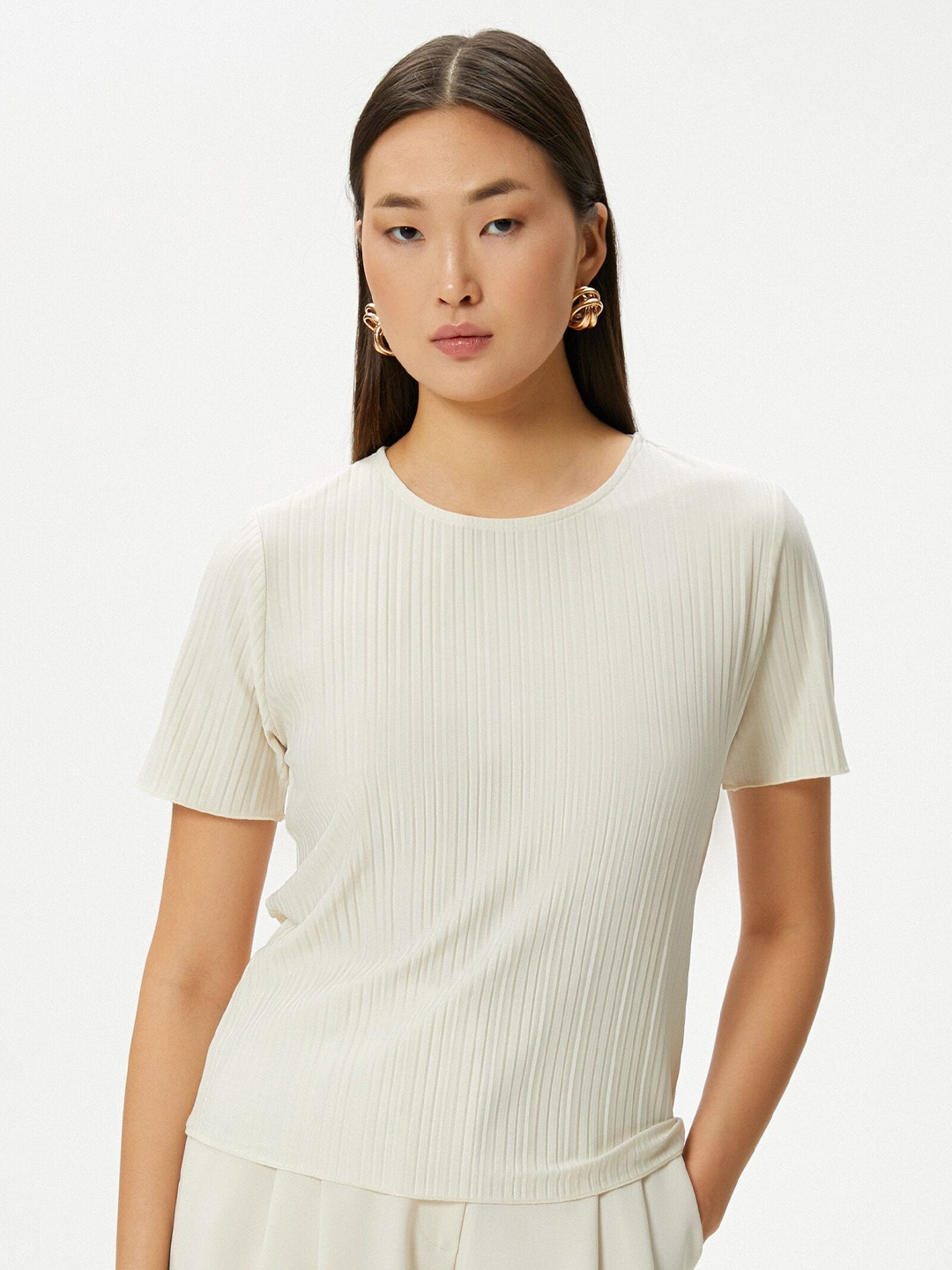 

Koton Self Design Round Neck Short Sleeves T-shirt, Beige