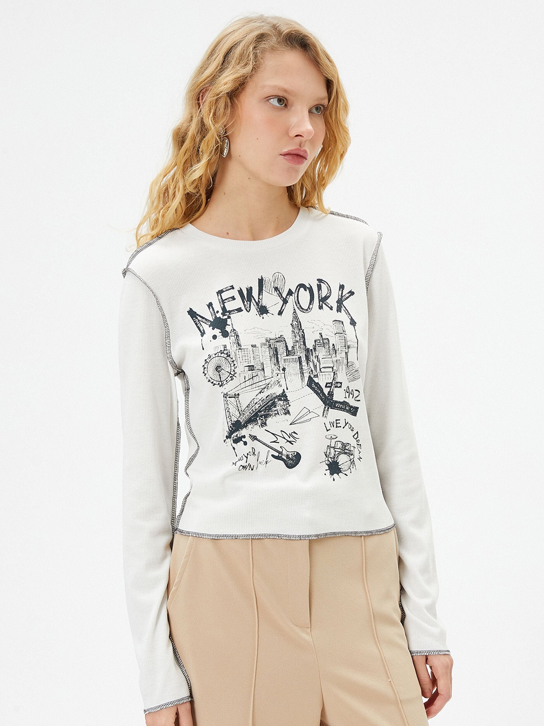 

Koton People & Places Printed Round Neck Long Sleeves T-shirt, White