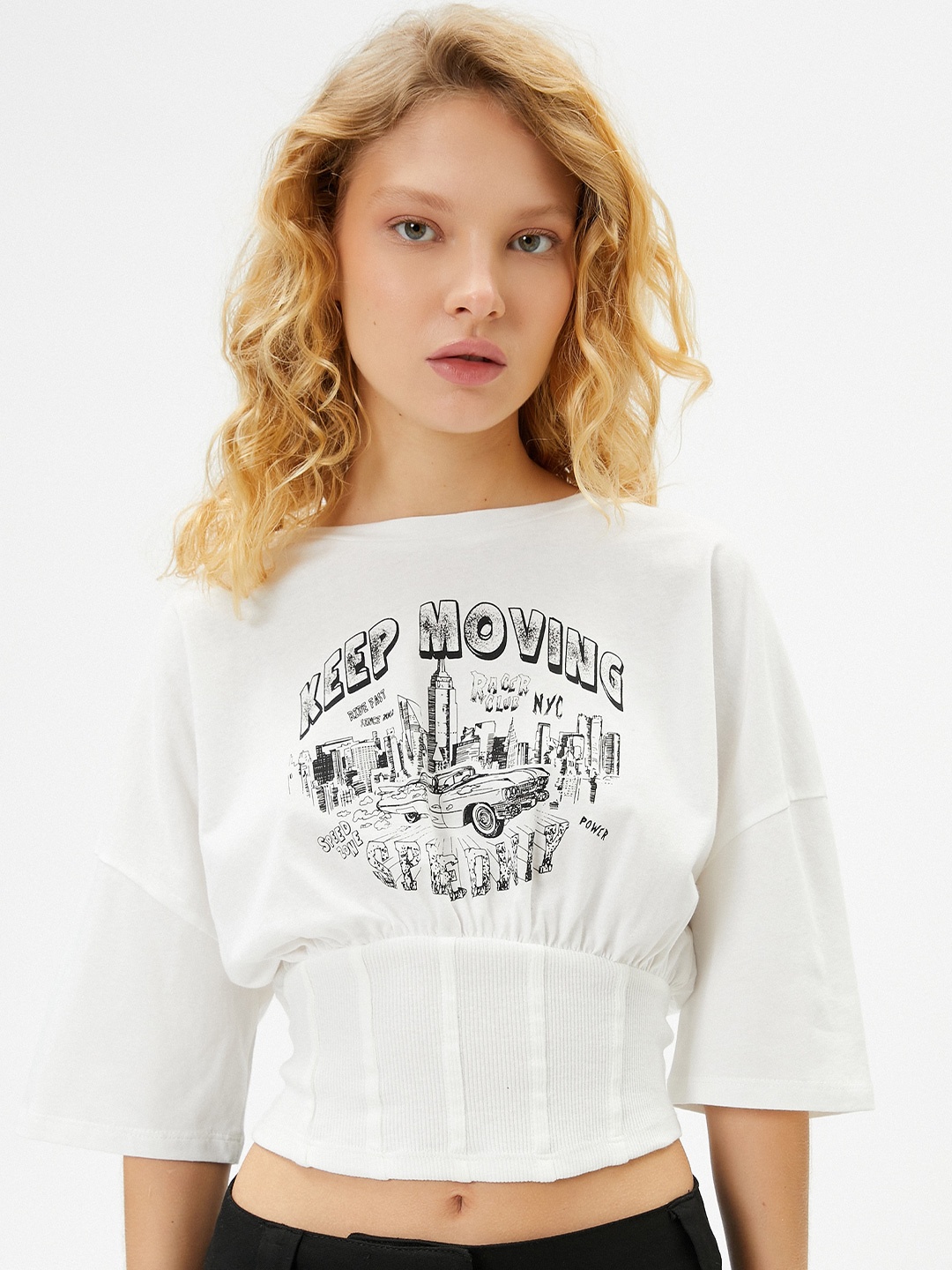 

Koton Typography Printed Round-Neck Pure Cotton T-shirt, Beige