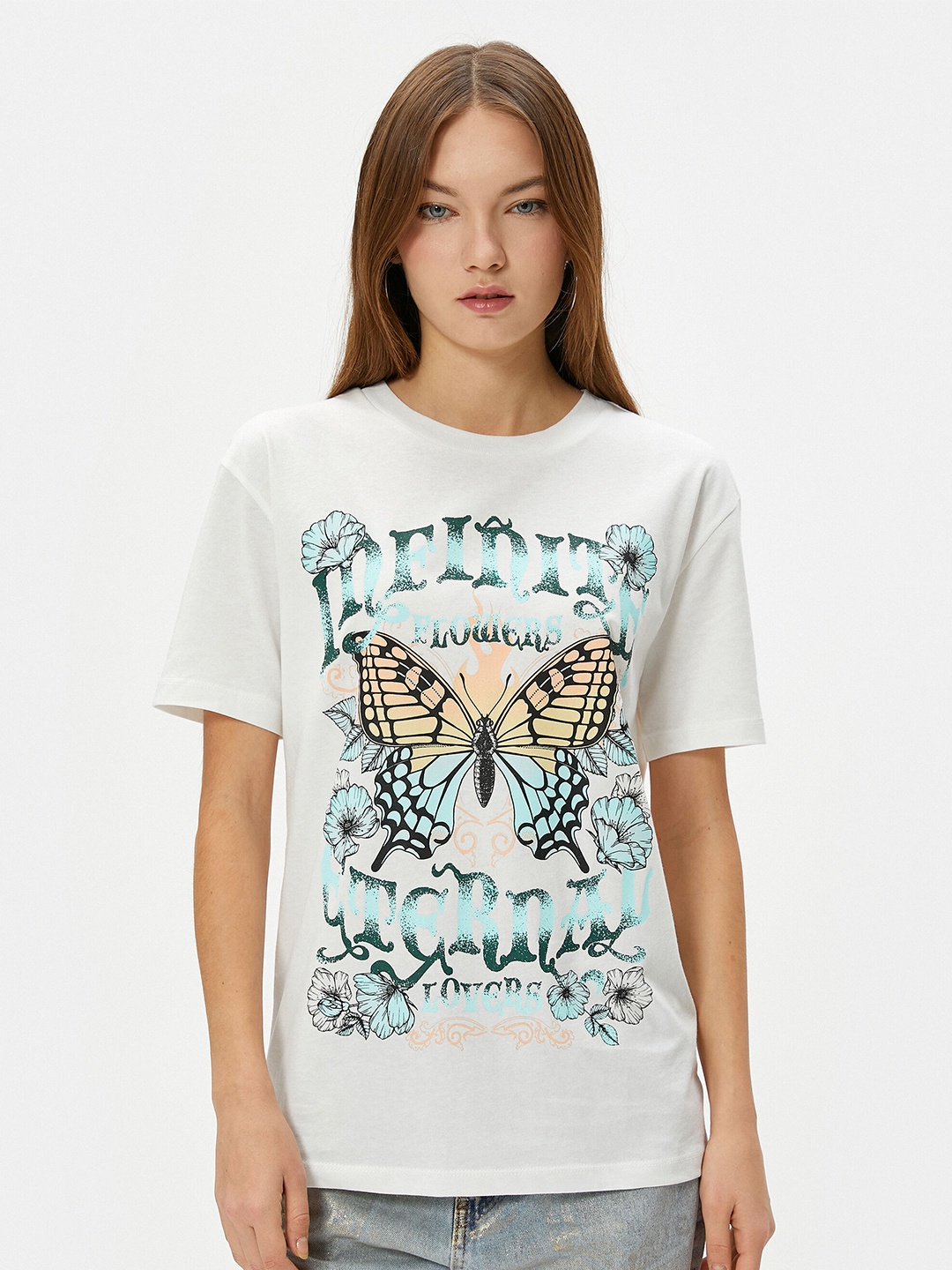 

Koton Graphic Printed Drop-Shoulder Sleeves Cotton T-shirt, White