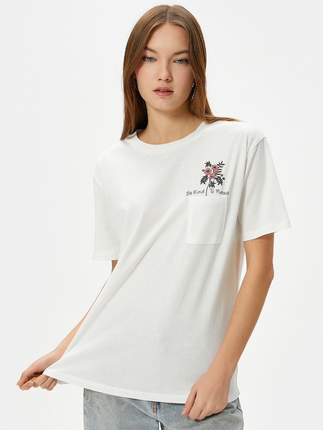 

Koton Round Neck Drop-Shoulder Sleeves Cotton T-shirt, White