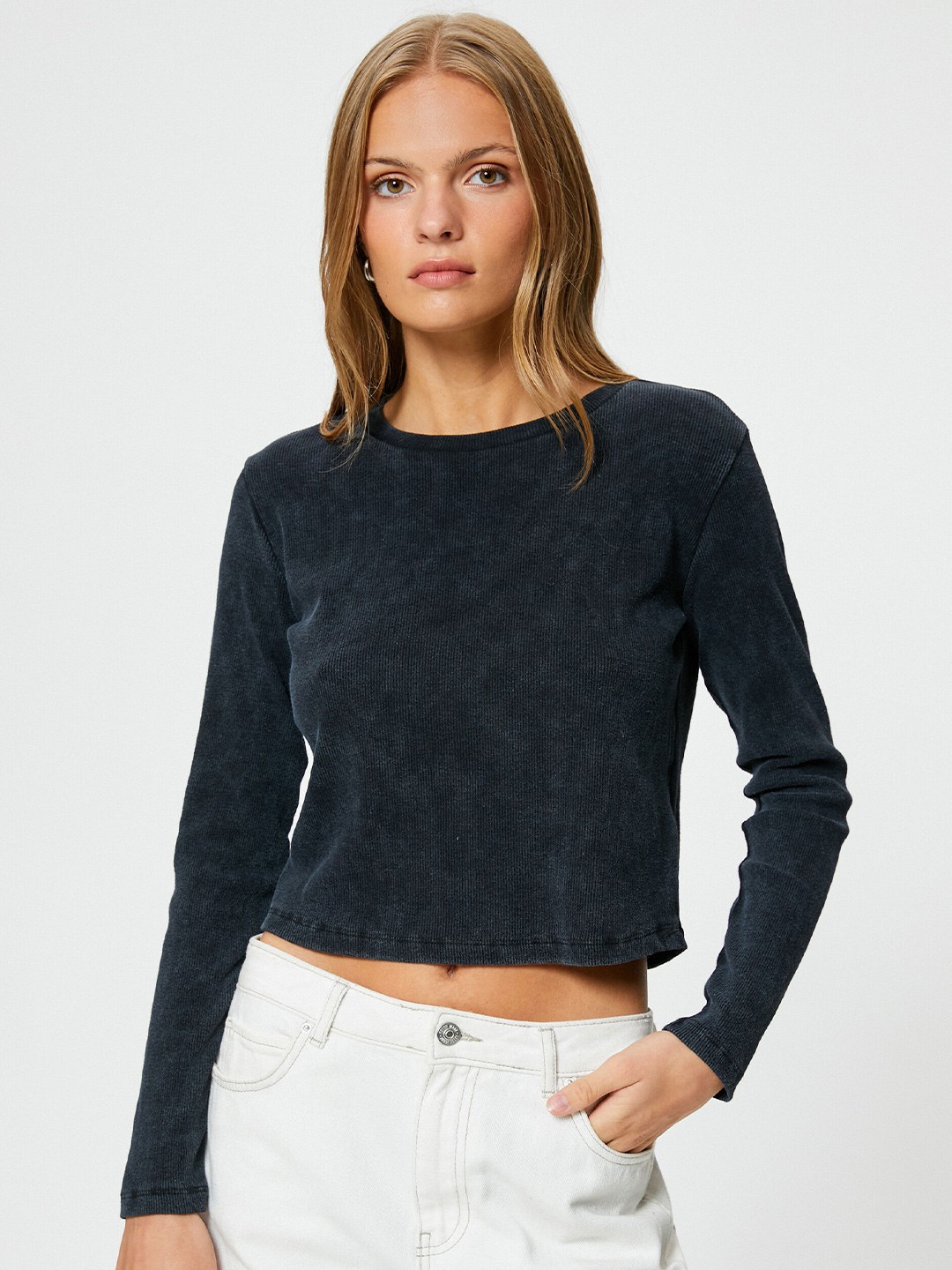 

Koton Ribbed Round Neck Long Sleeves Crop T-shirt, Navy blue