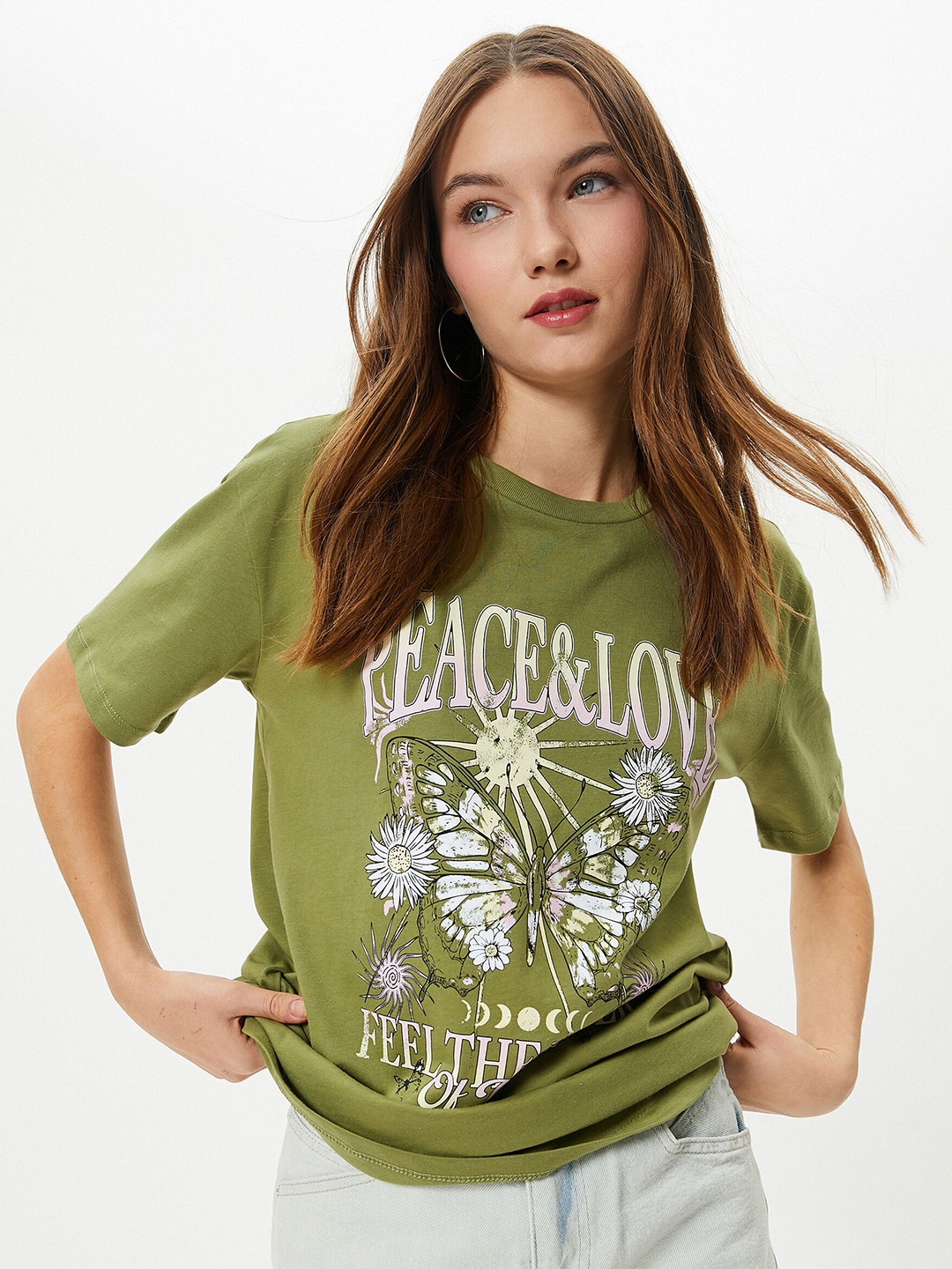 Koton Graphic Printed Round Neck Drop-Shoulder Sleeves Cotton T-shirt, Green