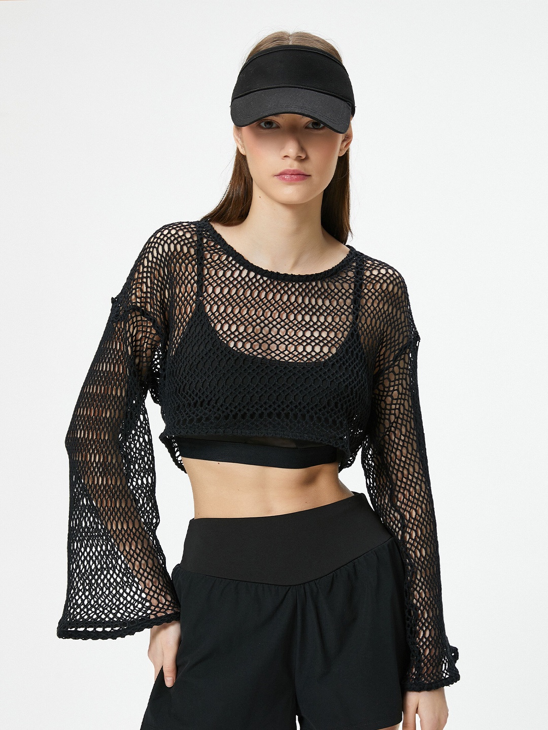 

Koton Self Design Cuffed Sleeves Sheer Crop Top, Black