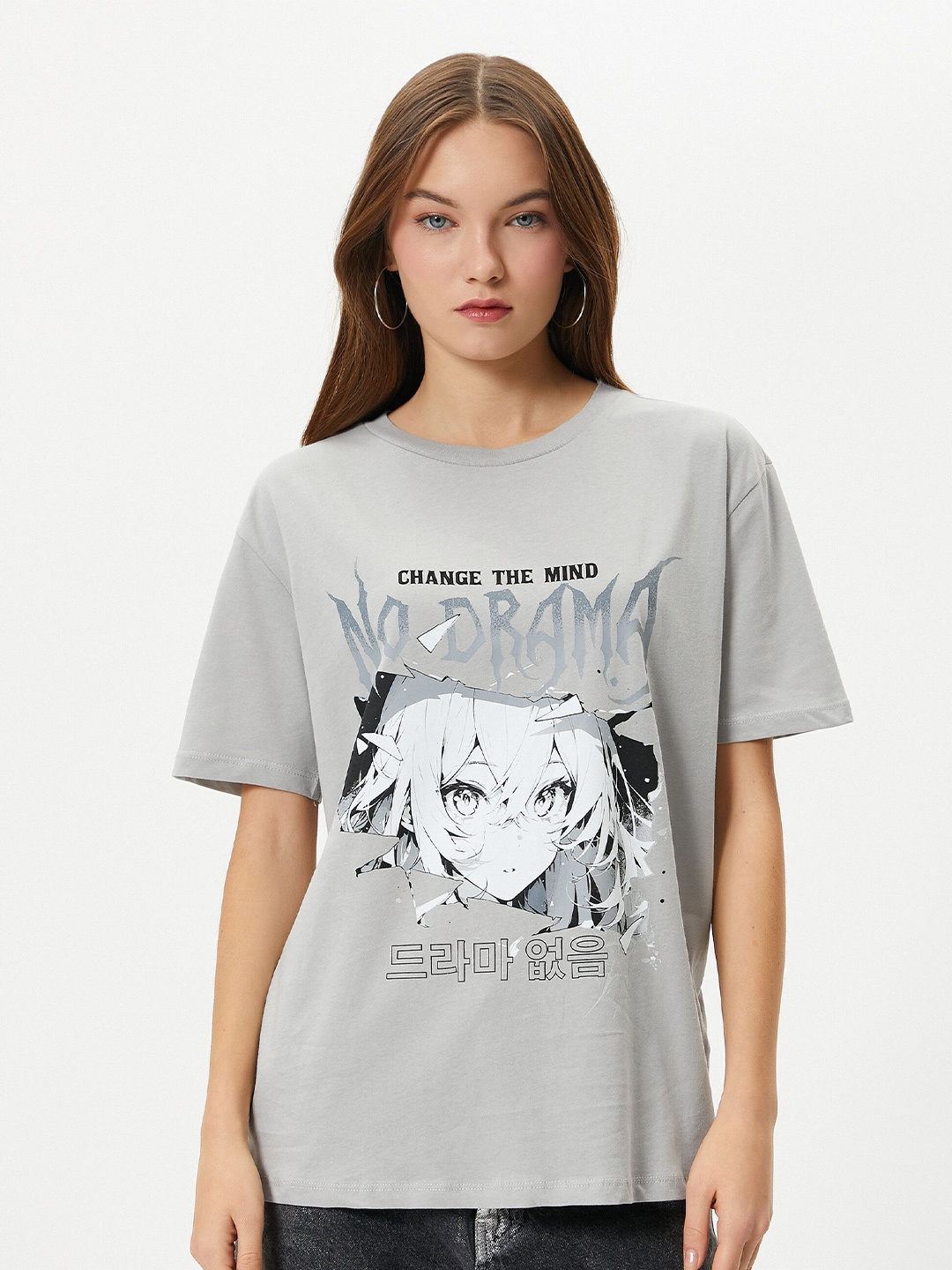 Koton Graphic Printed Round Neck Drop-Shoulder Sleeves Cotton T-shirt, Grey
