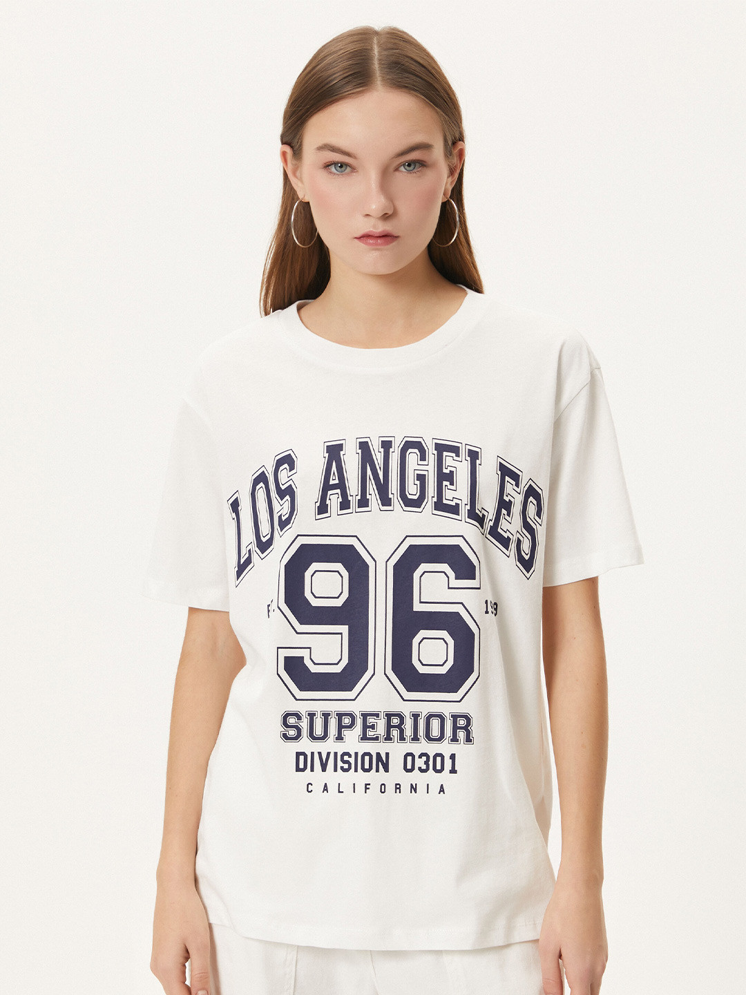

Koton Varsity Printed Round Neck Drop-Shoulder Sleeves Cotton T-shirt, White