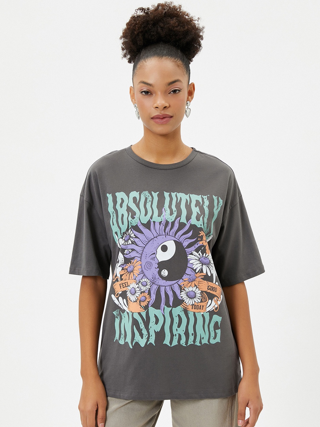 

Koton Graphic Printed Drop-Shoulder Sleeves Pure Cotton T-shirt, Grey