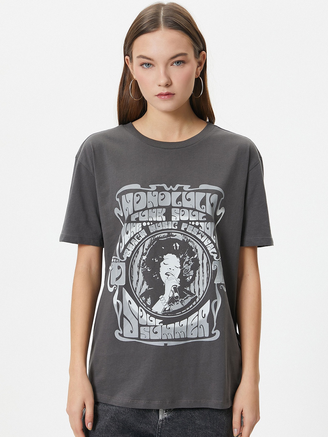 

Koton Graphic Printed Drop-Shoulder Sleeves Pure Cotton T-shirt, Grey