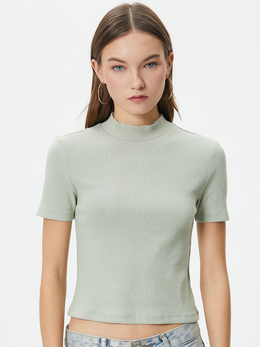 

Koton Self Design High Neck Crop T-shirt, Khaki
