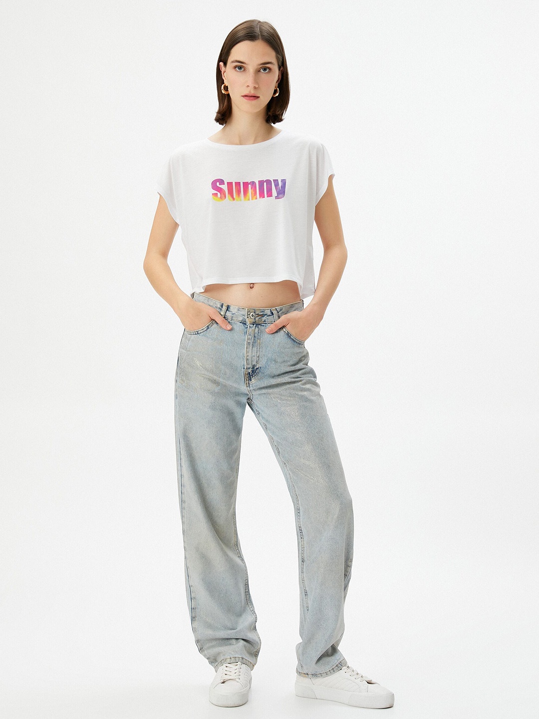 Koton Typography Printed Extended Sleeves Crop T-shirt, White