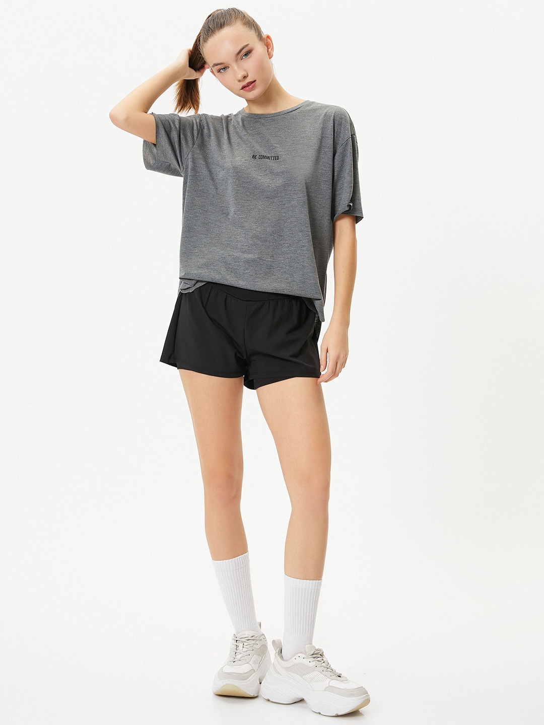 

Koton Drop-Shoulder Sleeves Casual T-shirt, Grey melange