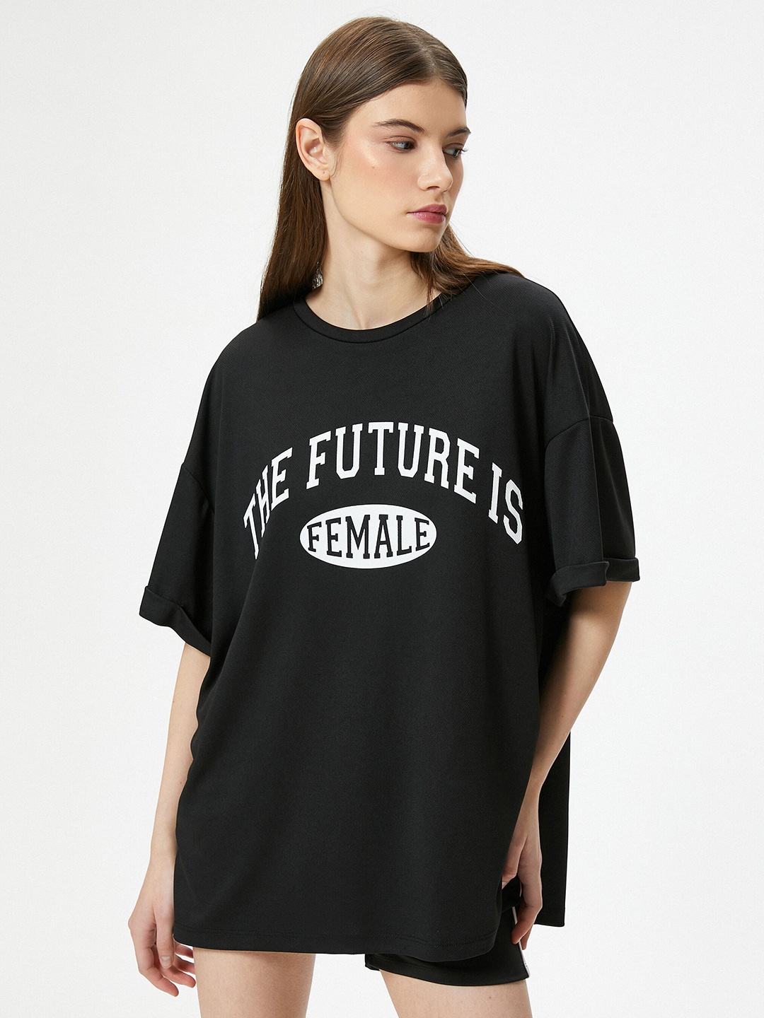 

Koton Typography Printed Drop-Shoulder Sleeves Longline T-shirt, Black