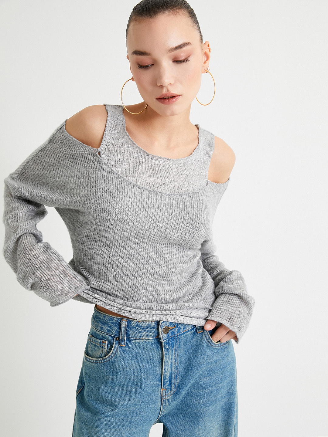 

Koton Round Neck Cold-Shoulder Top, Grey