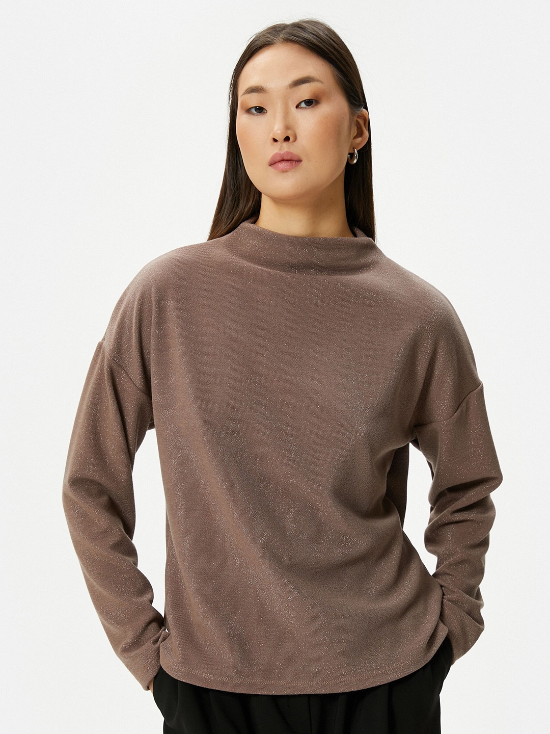 

Koton High Neck Drop-Shoulder Sleeves T-shirt, Brown