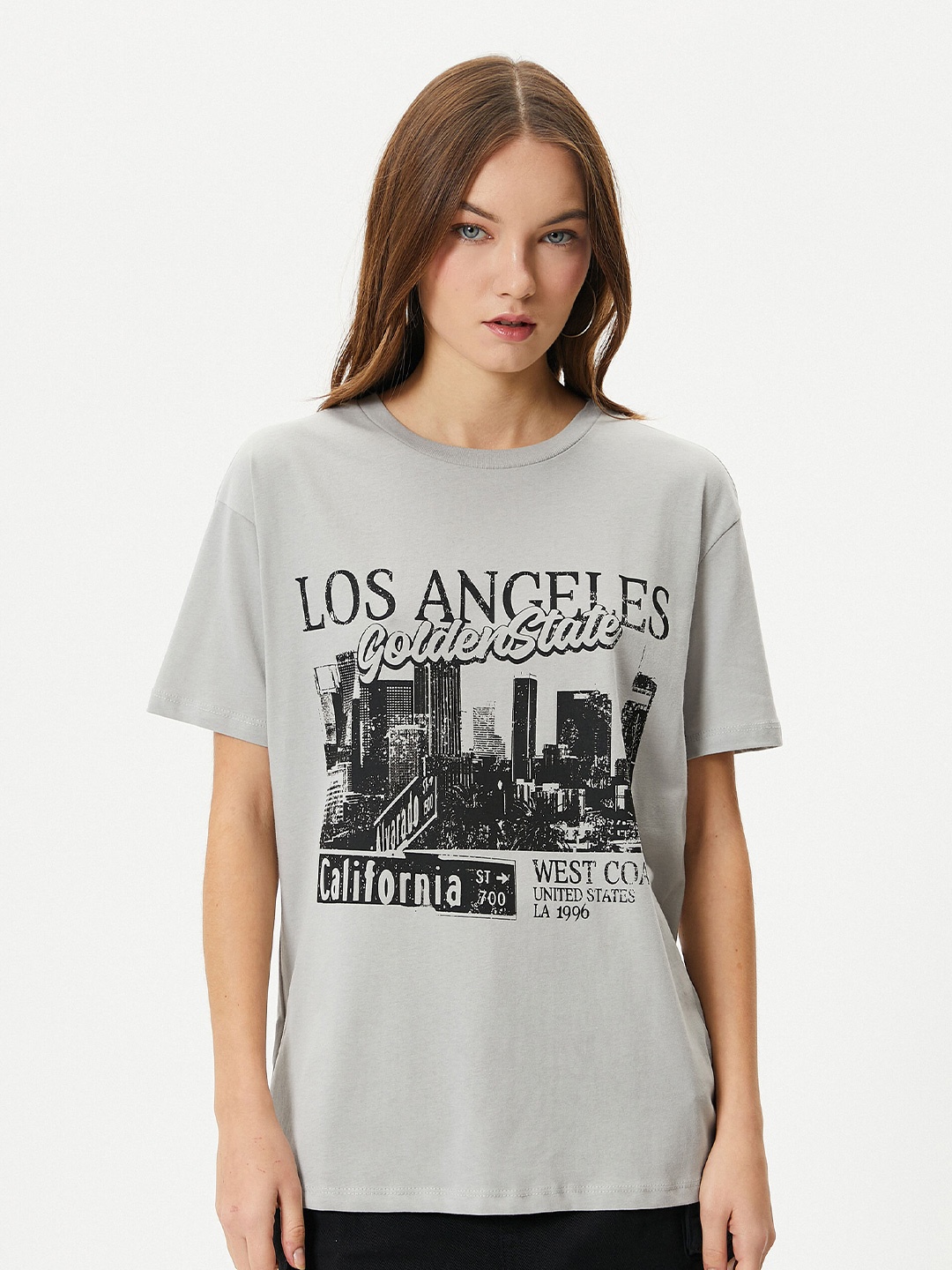 

Koton Typography Printed Drop-Shoulder Sleeves Pure Cotton T-shirt, Grey