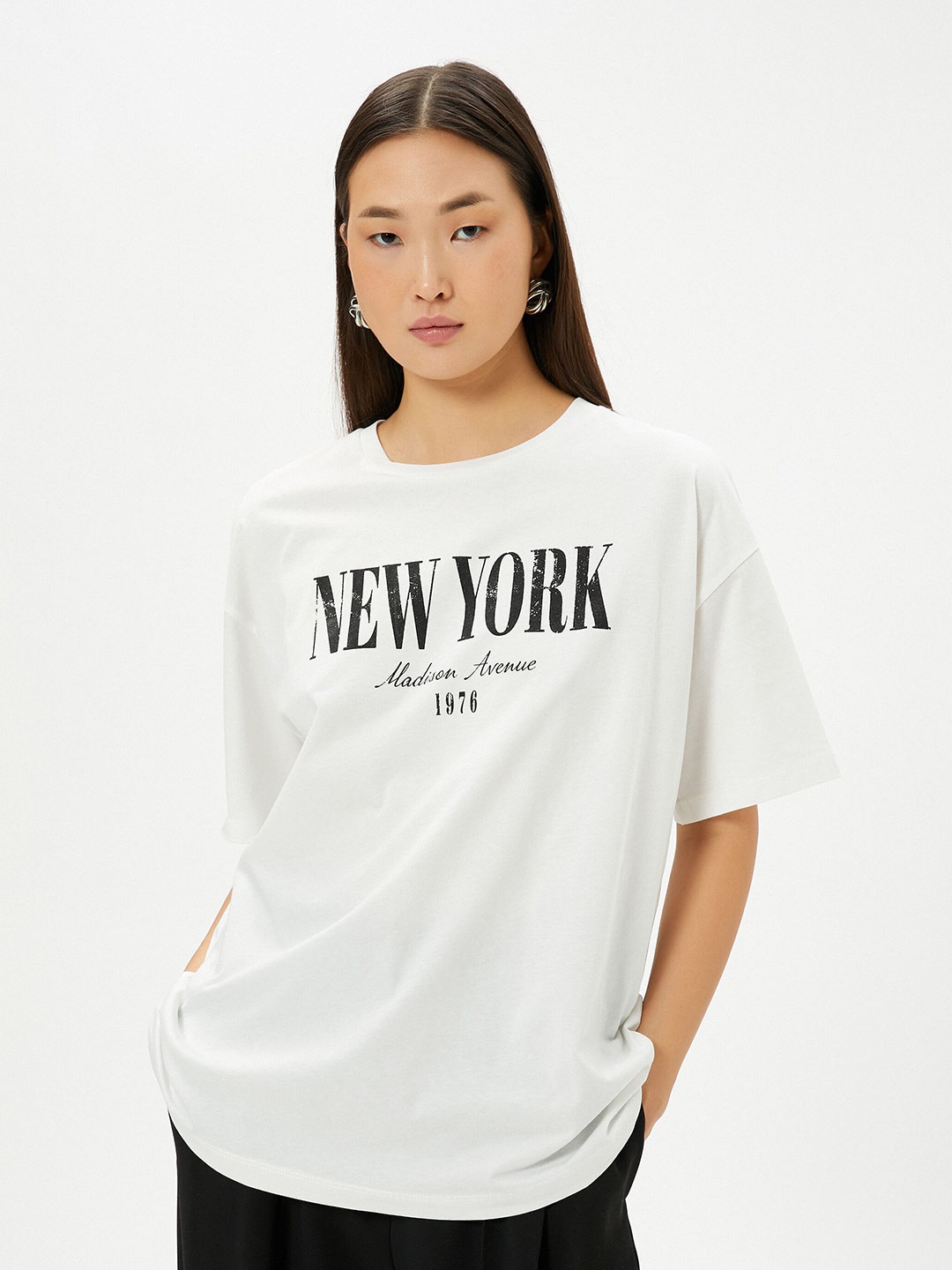 

Koton Typography Printed Drop-Shoulder Pure Cotton T-shirt, White