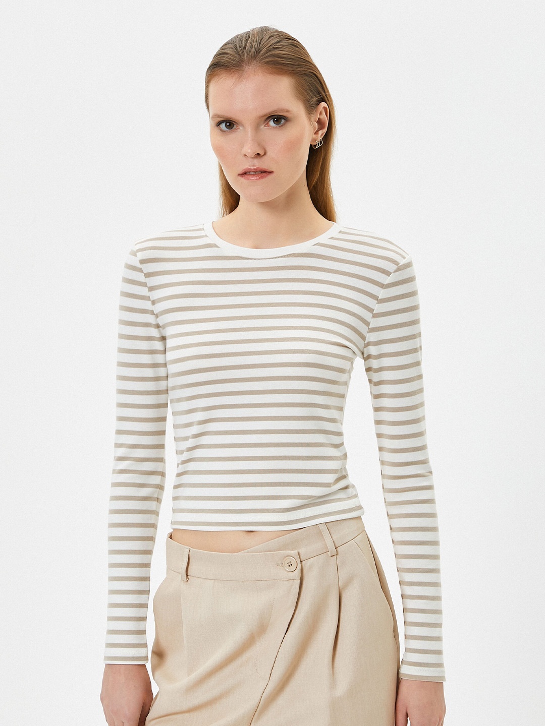 

Koton Striped Long Sleeves T-shirt, Beige