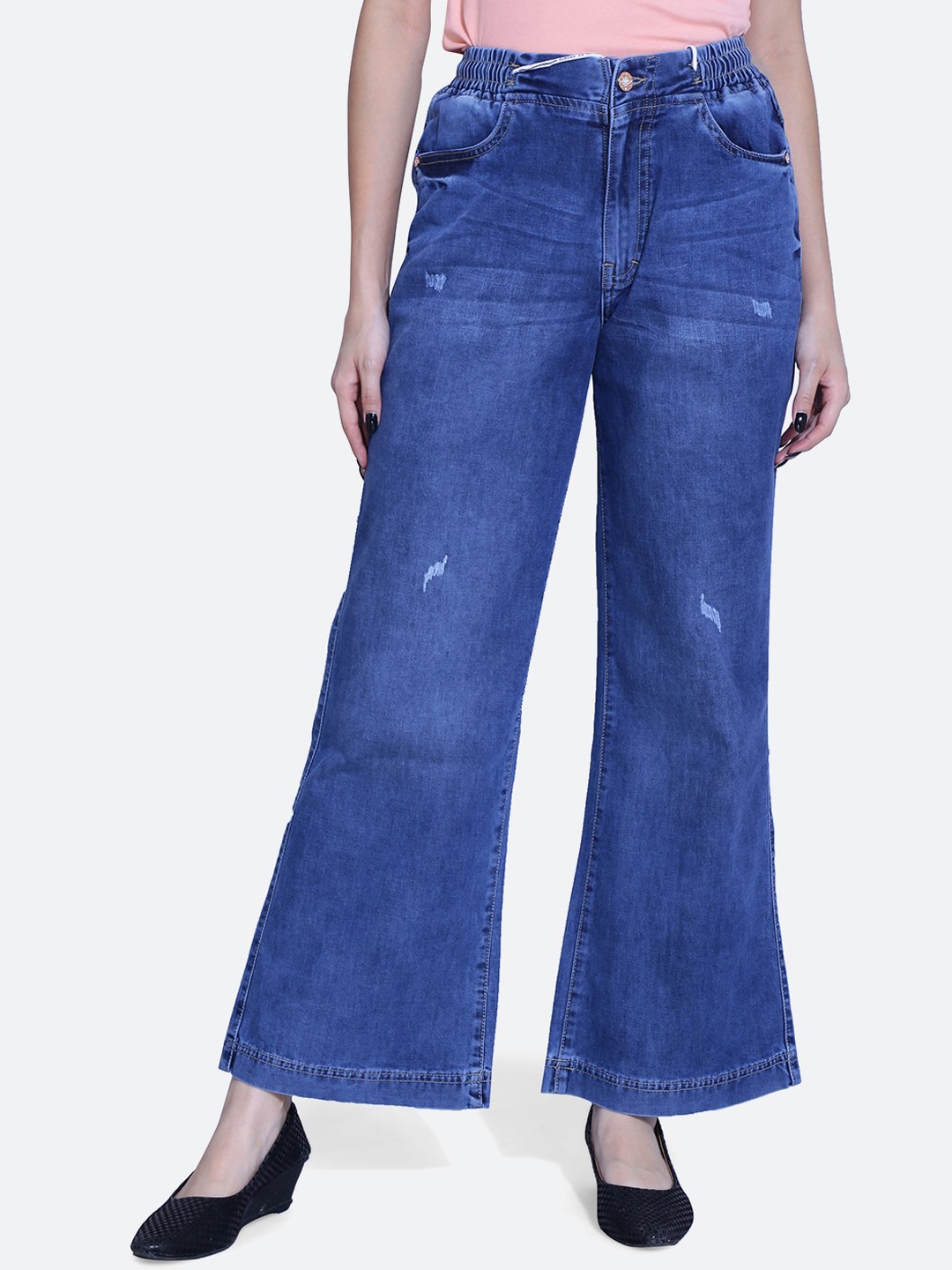 

FCK-3 Women Clark Wide Leg High-Rise Low Distress Light Fade Stretchable Jeans, Blue