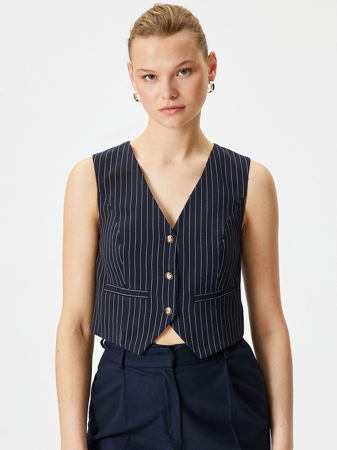 

Koton Striped V-neck Waistcoat, Navy blue